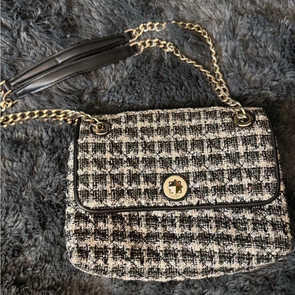 Kate Spade Natalia Black and White Tweed medium Flap Shoulder Bag